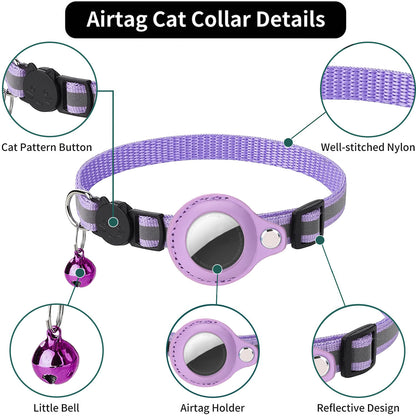 Cat tracker collar details: breakaway buckle, bell, tracker holder, reflective strip